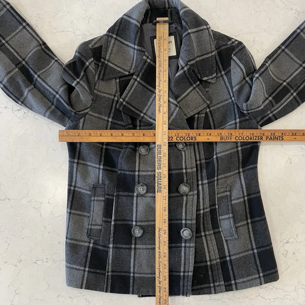 OLD NAVY Women's Gray Black Plaid Double Breasted Peacoat Jacket Medium Wool Bld